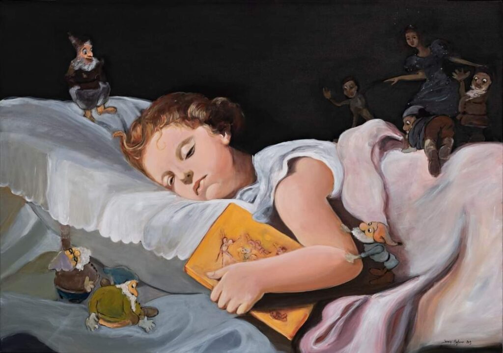 Sognando Biancaneve e i sette nani – pittura acrilica su tela 80×100 – collezione privata – Anno 2019